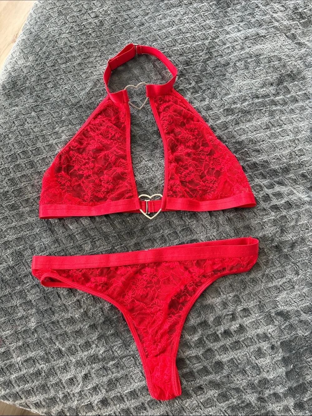 Red Lace Heart-Trim Bikini Set